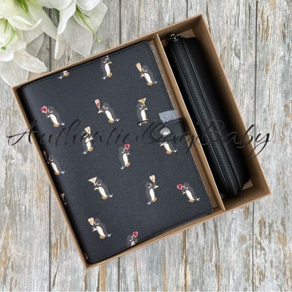 Coach Boxed Notebook & Pencil Case Set With Penguin Print Leather Bag Purse - Picture 1 of 9